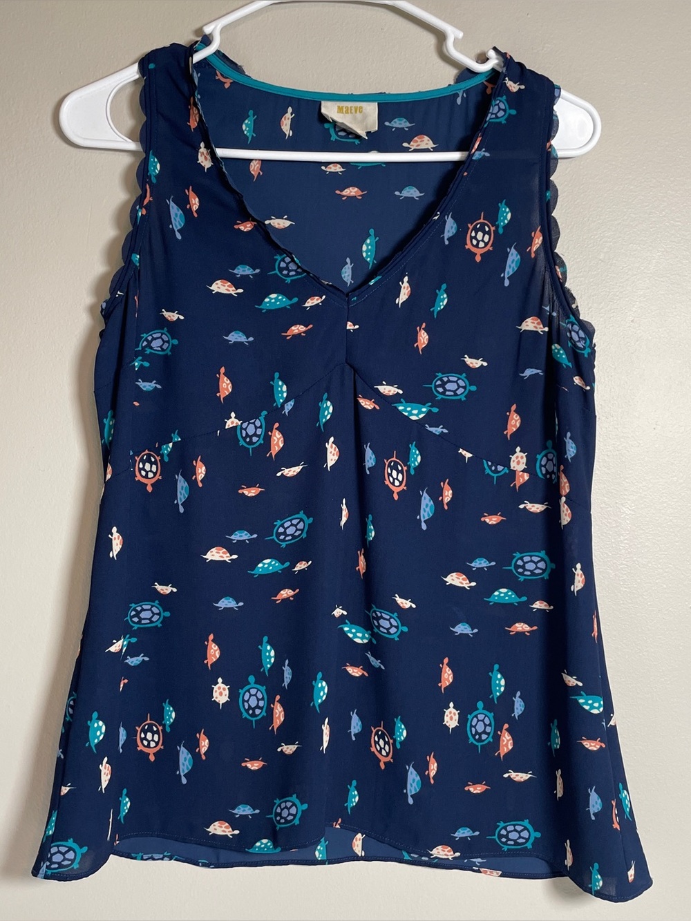 Maeve Anthropologie Size 2 Terrapin Turtle V Neck Tank Top Sleeveless Shirt Blue